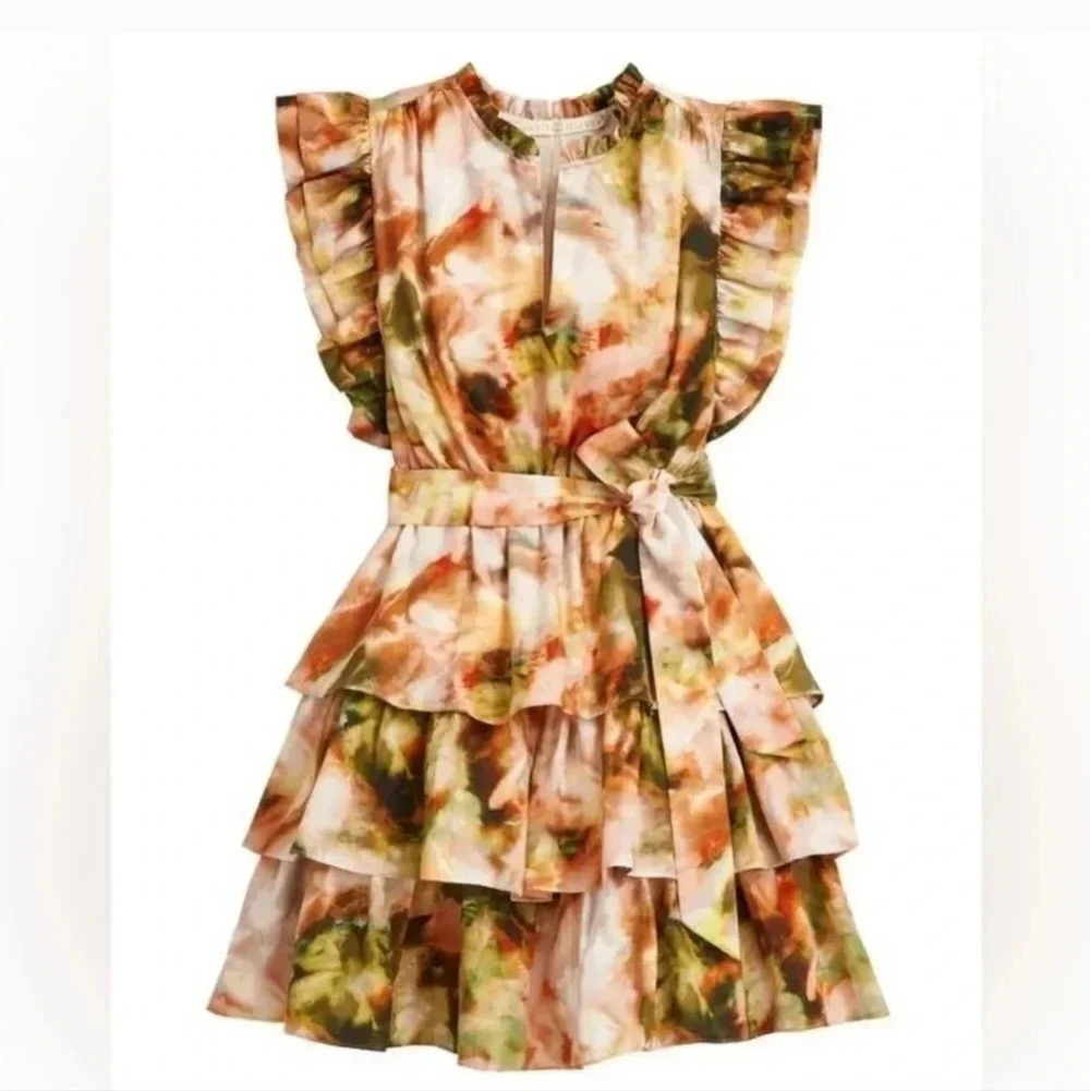 Marie Oliver Emery Silk/Cotton Blend Floral Print Tiered Ruffle Mini Dress(XS)
